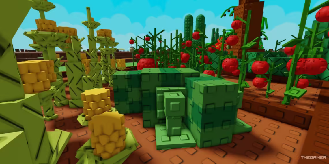 Watermelon blocks grow among pineapples and tomatoes in Roblox’s "Grow a Garden," set in neatly arranged garden plots with a bright blue sky.