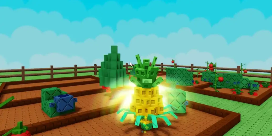 Glowing pineapple plant growing in a garden bed in Roblox's Grow a Garden, surrounded by other blocky fruits like tomatoes and watermelon.