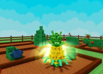Glowing pineapple plant growing in a garden bed in Roblox's Grow a Garden, surrounded by other blocky fruits like tomatoes and watermelon.