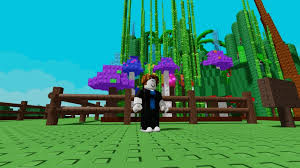 A Roblox avatar stands near a wooden fence with large purple mushrooms and tall bamboo in the background in "Grow a Garden."