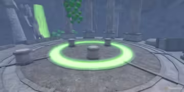Stone platform with glowing green ring and pillars in Roblox "Fisch," marking a mystical area in Lobster Shores location, near a neon waterfall.