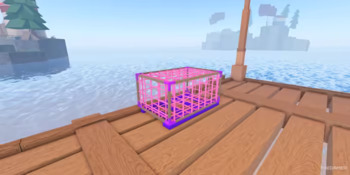 Colorful lobster trap on wooden dock in Roblox "Fisch," set against calm coastal waters and distant lighthouse, showing Lobster Shores location.