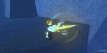Roblox character in "Fisch" fishing with glowing rod near cliff in Mariana's Veil location, with rainbow light effects and deep-sea environment.