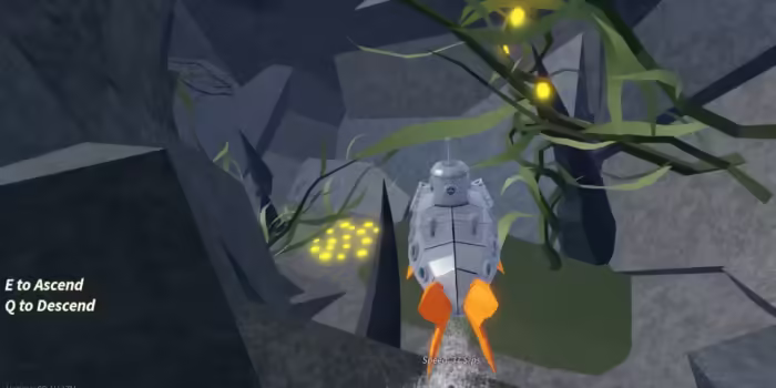 Small white submarine with orange fins explores rocky underwater cave in Roblox "Fisch," glowing plants and gold coins mark Mariana's Veil location.