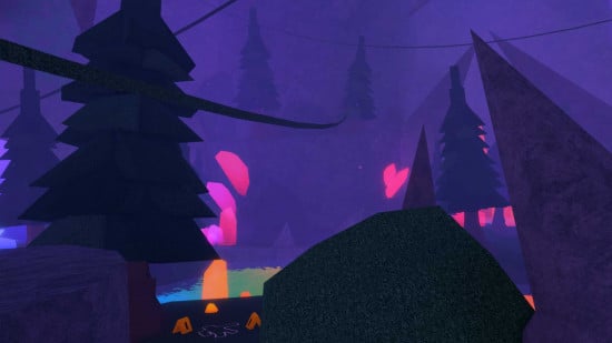 Glowing forest cave in Roblox "Fisch" with neon crystals, pine trees, and a campfire, depicting the mystical Mariana's Veil location. 