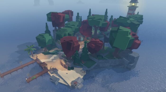 Aerial view of Moosewood island in Roblox Fisch, showing a forested landscape, beach docks, and a lighthouse overlooking the surrounding sea.