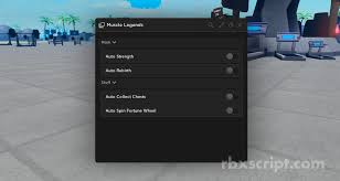 Roblox Muscle Legends script GUI open on screen showing toggle options like Auto Strength, Auto Rebirth, and Auto Spin Fortune Wheel in a gym environment.