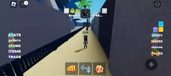 Roblox Muscle Legends gameplay showing a player walking down a corridor with action icons and menus for stats, rebirth, quests, and packs on both screen sides.