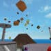 Roblox Natural Disaster Survival gameplay with a volcano erupting in the background, launching debris into the air as a player dodges flying blocks mid-jump.