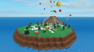 Roblox Natural Disaster Survival scene showing a volcano erupting on a floating island, with debris flying and buildings scattered across grassy terrain. 