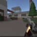 Roblox Phantom Forces gameplay showing a first-person view of a player holding a pistol in a military-style map with buildings, crates, and tall pine trees.