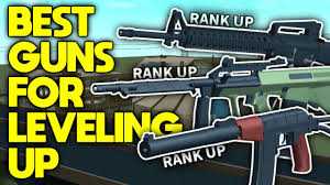 Roblox Phantom Forces image showcasing top guns for leveling up, featuring various firearms labeled “Rank Up” with bold yellow text reading “Best Guns for Leveling Up.”