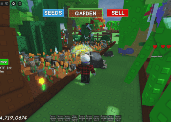 A player collects blooming orange tulips in Roblox’s "Grow a Garden," surrounded by lush plants and the SEEDS, GARDEN, SELL menu at the top.