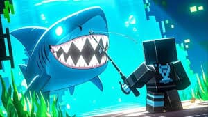 Blocky Roblox character fishing underwater, facing a giant shark with sharp teeth in Roslit Bay, surrounded by glowing aquatic scenery and plants