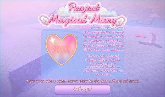 The Project Magical Mary (PMM) splash screen shows a pastel-themed Roblox experience in early alpha. It features a heart logo and warns players of bugs if they reset. 
