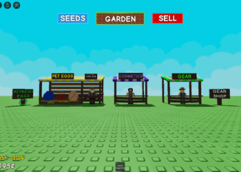 In the Roblox game "Grow a Garden," players can obtain pets by visiting the "Pet Eggs" stall located in the central hub area. The image shows a colorful open area with four main vendor stalls labeled: "PET EGGS," "COSMETICS," "GEAR," and a refresh station labeled "REFRESH EGGS."