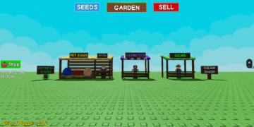 Roblox game screen with PET EGGS, COSMETICS, and GEAR shops under a blue sky with SEEDS, GARDEN, and SELL buttons above.
