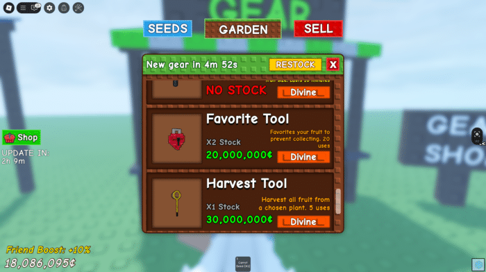 Gear shop in Grow a Garden showing Divine Favorite Tool and Harvest Tool with prices and uses in Roblox. 
