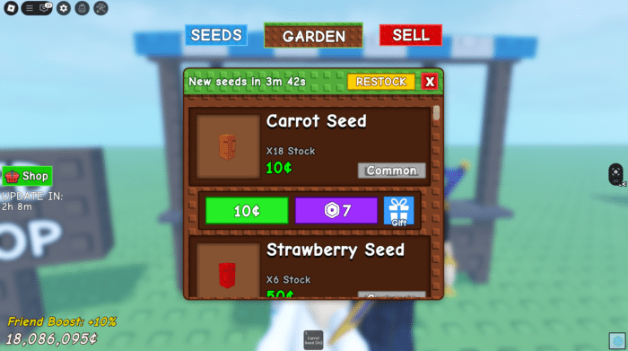 Grow a Garden carrot seed shop UI showing stock, price, and rarity—used to get Wet Carrot in Roblox by planting and applying wet effect.