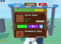 Grow a Garden seed shop showing Carrot and Strawberry seeds with prices, stock levels, rarity, and restock timer at the top.
