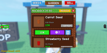 Grow a Garden seed shop showing Carrot and Strawberry seeds with prices, stock levels, rarity, and restock timer at the top.