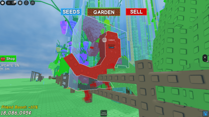 Frozen Pepper plant ready to collect in Grow a Garden, surrounded by tall crops and fences, with SEEDS, GARDEN, and SELL buttons above.