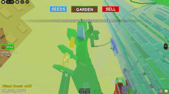 Giant tree in Roblox’s Growing Garden event, with players climbing and pollinating plants, surrounded by glowing platforms and floating structures. 
