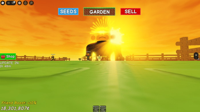A glowing golden giant figure stands in the distance during sunset in Grow a Garden on Roblox, near the shop area with labeled SEEDS, GARDEN, and SELL buttons.