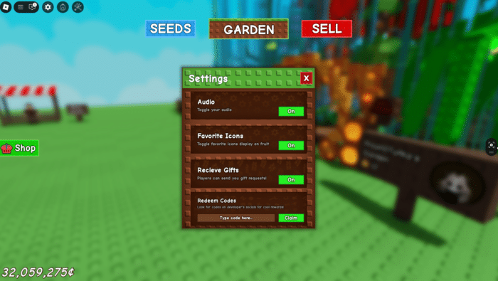 : In Growing Garden, redeem codes in the Settings menu by typing into the “Redeem Codes” box and clicking “Claim” at the bottom