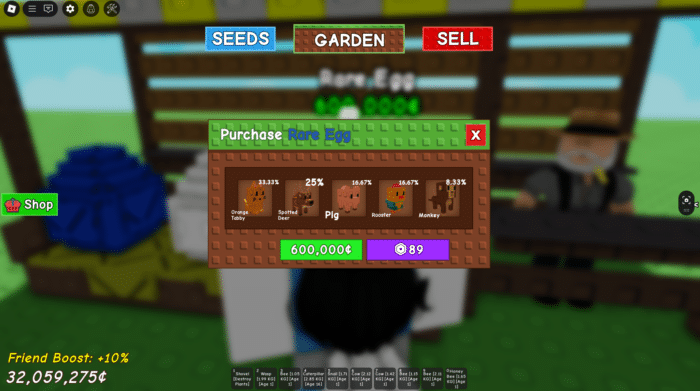  Rare Egg pet drop rates in Grow a Garden showing Orange Tabby, Spotted Deer, Pig, Rooster, and Monkey with percentages and purchase cost.
