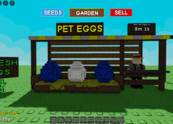 : Pet Eggs stall in Roblox’s Grow a Garden game with blue and white eggs and timer showing next pet eggs in 8 minutes.