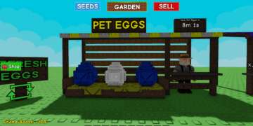 : Pet Eggs stall in Roblox’s Grow a Garden game with blue and white eggs and timer showing next pet eggs in 8 minutes.
