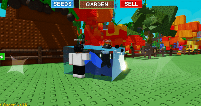 Two players interact beside a giant ice cube structure in Grow a Garden on Roblox, surrounded by fruit trees and vibrant garden plots. 