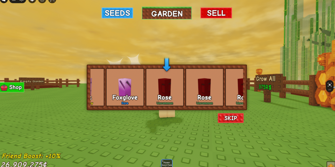 Opening a flower seed pack in Grow a Garden, revealing Rose (Uncommon) and Foxglove (Rare) under a golden sky in Roblox.