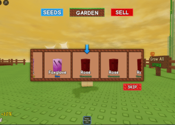 Opening a flower seed pack in Grow a Garden, revealing Rose (Uncommon) and Foxglove (Rare) under a golden sky in Roblox.