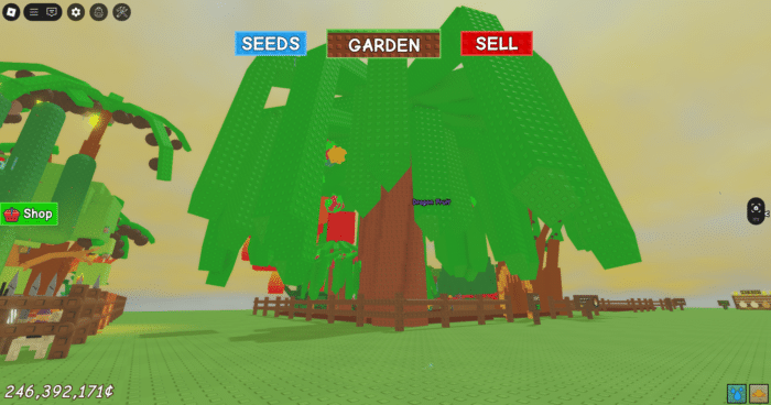  Huge tree in Roblox's Growing Garden with thick green leaves, labeled Dragon Fruit, surrounded by fences.
