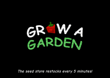 Grow a Garden Roblox loading screen with logo and tip: “The seed store restocks every 5 minutes!” displayed on a black background.