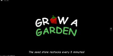 Grow a Garden Roblox loading screen with logo and tip: “The seed store restocks every 5 minutes!” displayed on a black background.