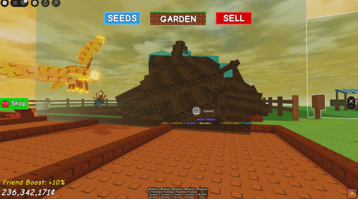  Large mutated Moon Melon plant in Grow a Garden with multiple effects like Gold, Moonlit, and Frozen, ready for collection on a sunset-lit farm.