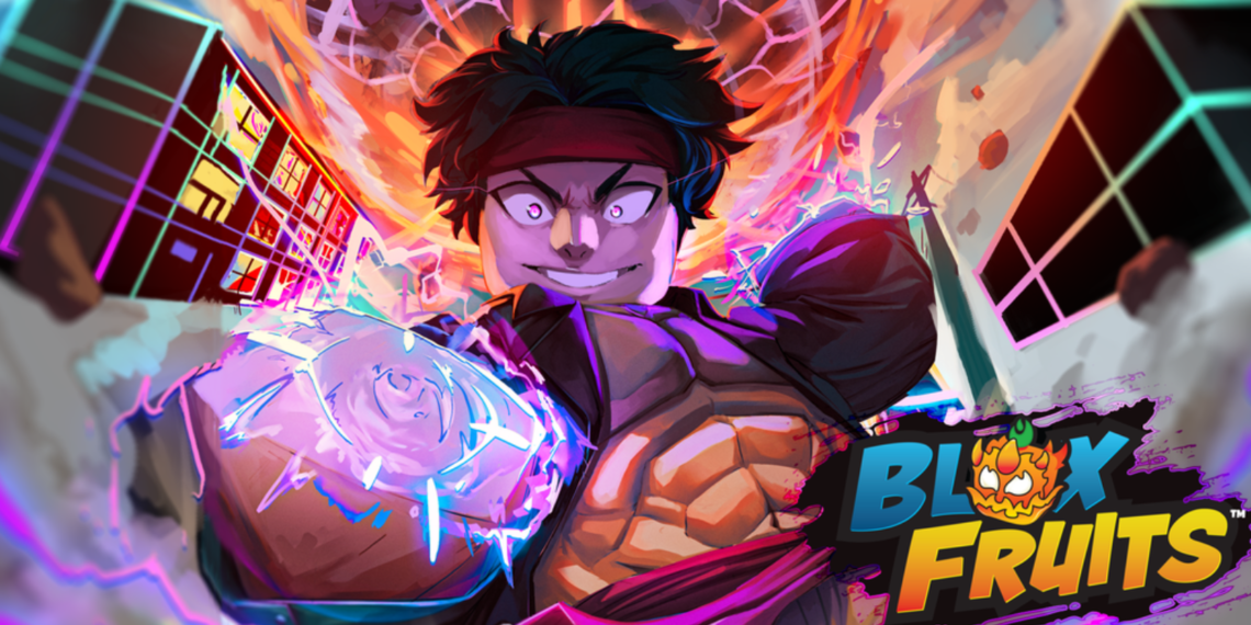 A powerful character charges energy with glowing fists and intense aura in Blox Fruits, with the game logo at the bottom right.