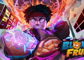 A powerful character charges energy with glowing fists and intense aura in Blox Fruits, with the game logo at the bottom right.