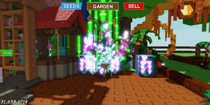 Brightly glowing mutated plant surrounded by structures in Grow a Garden on Roblox, highlighting rare or valuable harvests in a vibrant garden setup.