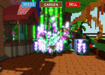Brightly glowing mutated plant in Grow a Garden, surrounded by bamboo and garden structures, with vivid green and purple effects.
