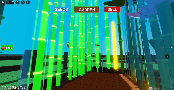 Tall glowing bamboo plants in Grow a Garden, with vibrant green and yellow effects inside fenced garden plots, ready for collection. 