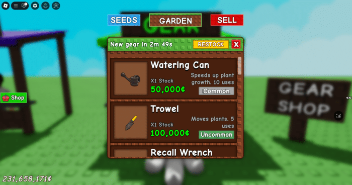 Grow a Garden gear menu showing Watering Can and Trowel with prices, stock, rarity, and uses in Roblox near the Gear Shop. 