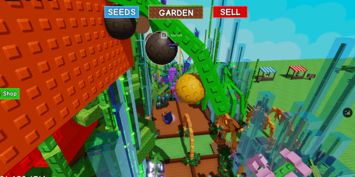 A large wet coconut labeled “Collect” hangs from a green plant arch above a garden filled with colorful giant crops in Grow a Garden on Roblox.