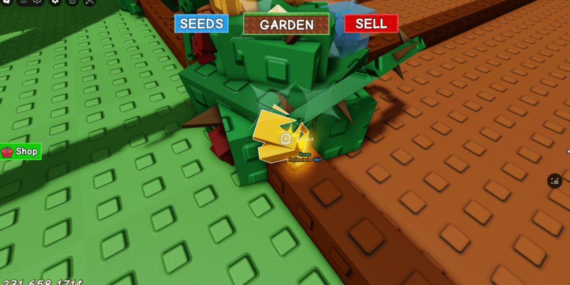 Golden rose plant labeled “Pollinated” and “Wet” glowing on a green and orange tile base in Grow a Garden, ready to be collected in Roblox.