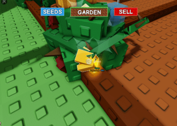 Golden rose plant labeled “Pollinated” and “Wet” glowing on a green and orange tile base in Grow a Garden, ready to be collected in Roblox.