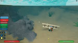 Roblox gameplay from Scuba Diving at Quill Lake shows a character exploring underwater near a crashed plane with UI buttons and health indicators visible.