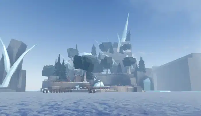 A snowy island in Roblox Fisch called Snowcap Island, featuring icy cliffs, snow-covered pine trees, a wooden dock, and crystalline ice spikes rising into the sky under a clear blue atmosphere.